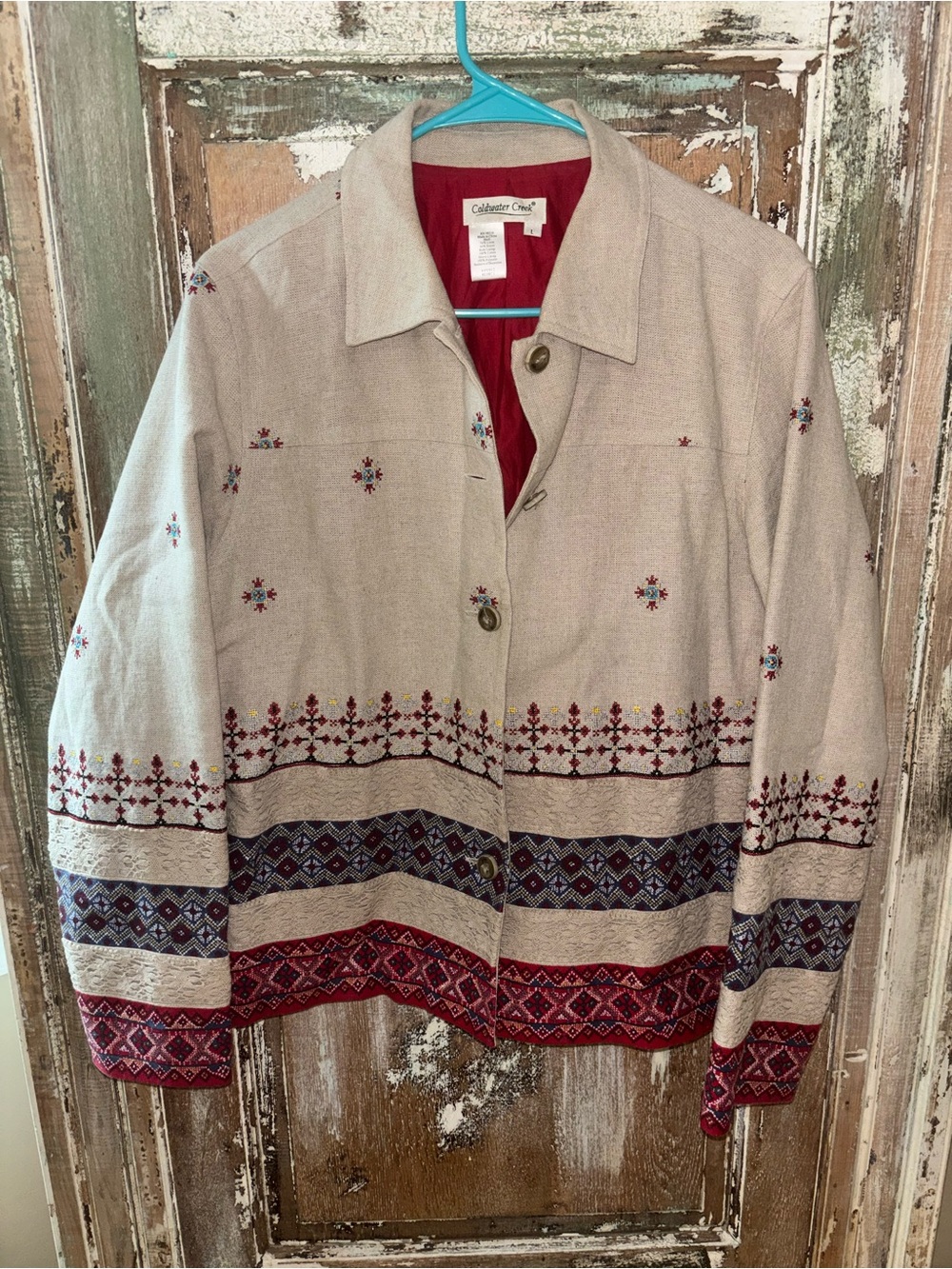 Coldwater Creek Beige Jacket with Red and Navy Embroidery Linen  Size L